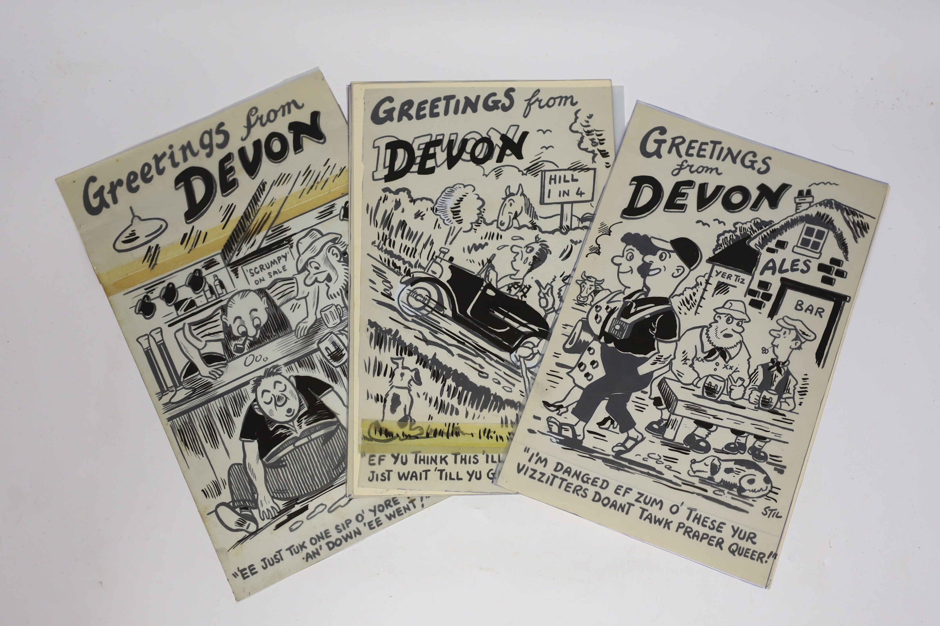 George Stillings 'Stil' (1907-1967), set of six original ink postcard cartoon designs, Humorous Devon subjects, 29 x 18cm, unframed